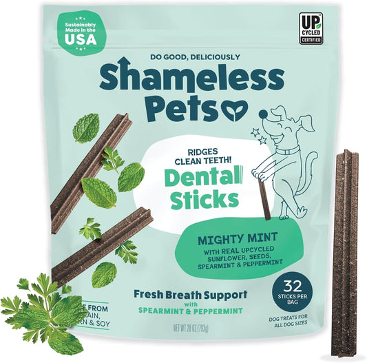 Shameless Pets Dental Chews for Dogs, Mighty Mint Dental Sticks, Healthy Treats for Teeth Cleaning & Fresh Breath - Free from Grain, Corn, & Soy for Small Dogs, 32 Sticks