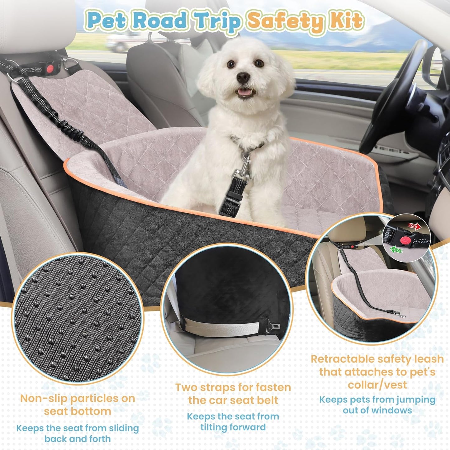 COCASES Dog Car Seats for Small Medium Dogs, Height-Adjustable Dog Booster Car Seat, Detachable and Washable Car Dog Bed with Seat Belt for Pet Under 35lbs Car Trip