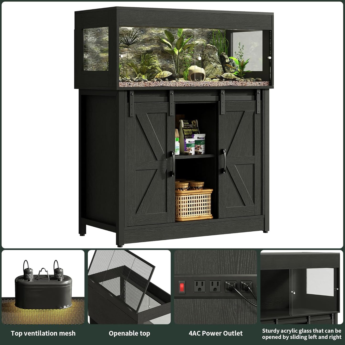 40 Gallon Reptile Terrarium with Stand, Reptile Tank with Barn Door and Storage, Vivarium with Acrylic Doors, Ventilated Mesh Top & Power Outlet, for Geckos, Lizards, Snakes Black PX06RTB