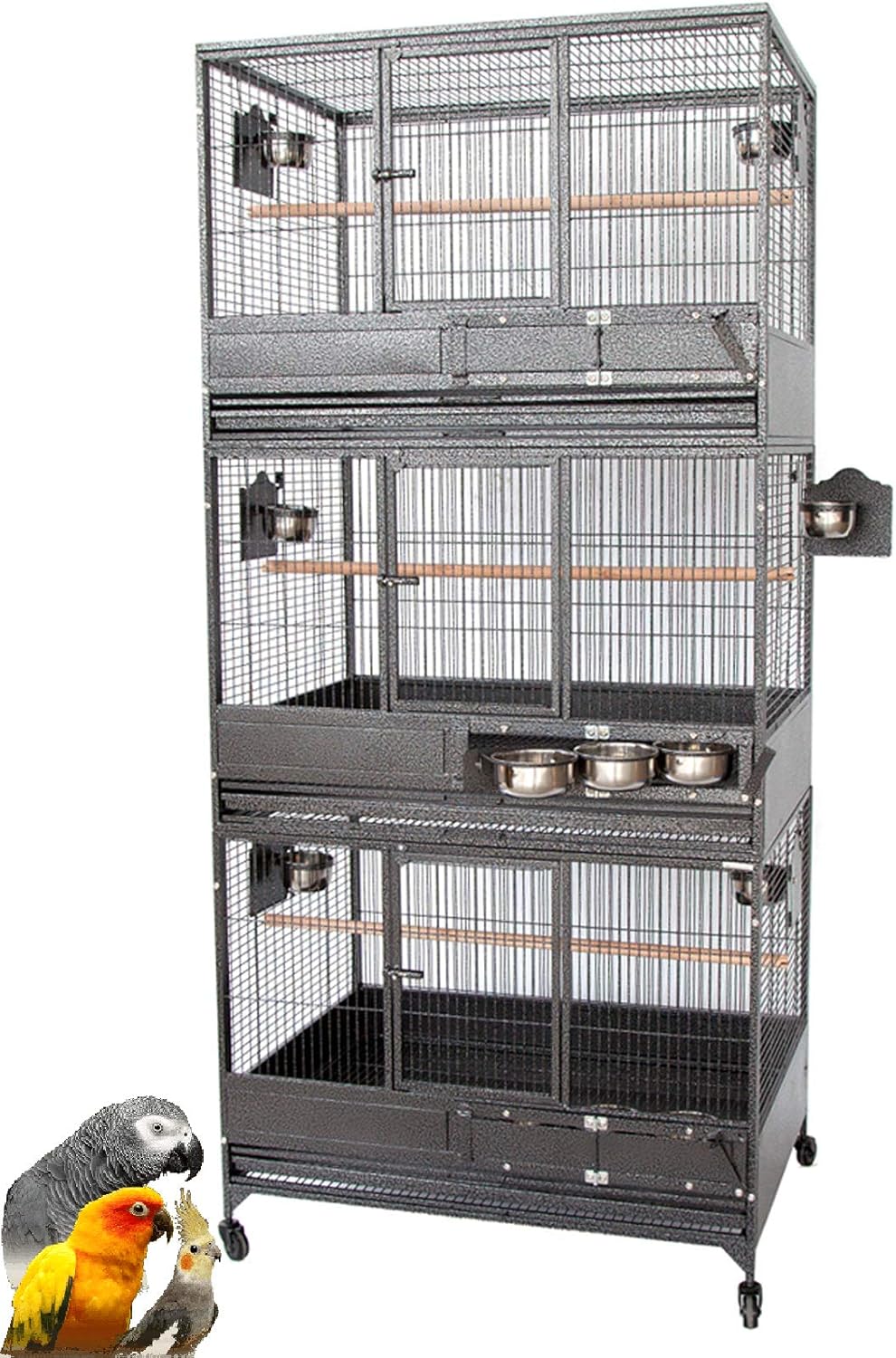 Extra Large Stackers Heavy Duty Wrought Iron Breeder Parrot Aviary Bird Breeding Rolling Cage with Side Nest Doors (Black Vein, Triple Stacker)