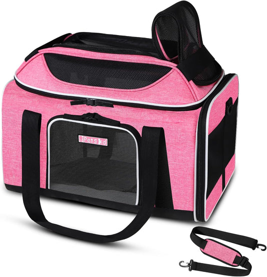 Petskd Top-Expandable Pet Carrier 17x11x9.5 Inches Alaska Airline Approved, Soft-Sided Carrier for Small Cats and Dogs with Locking Safety Zippers and Anti-Scratch Mesh(Pink)
