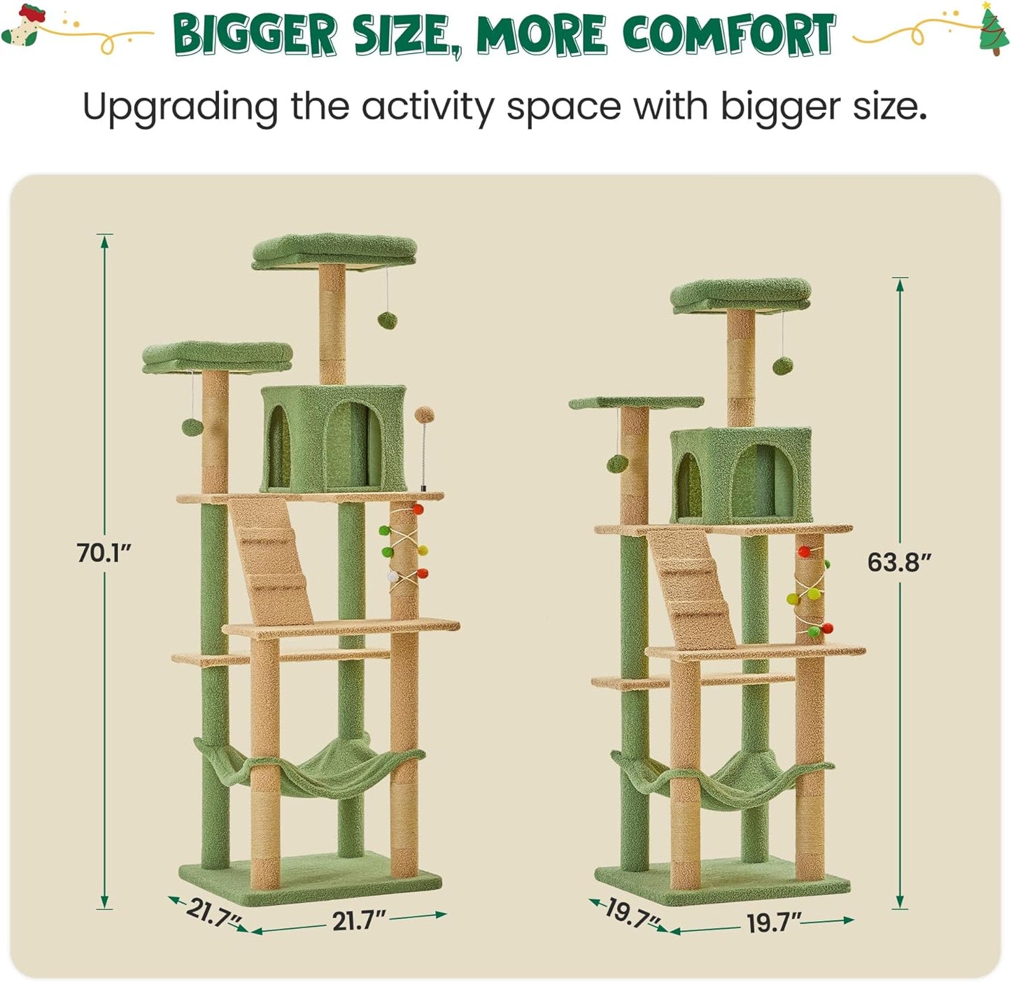 MWPO 70.1-Inch Green Large Cat Tree, Multi-Level Tall Cat Tower for Indoor Cats, Plush Cat Condo with Big Padded Perches, Sisal-Covered Scratching Posts, Hammock, Toys for Kittens & Cats