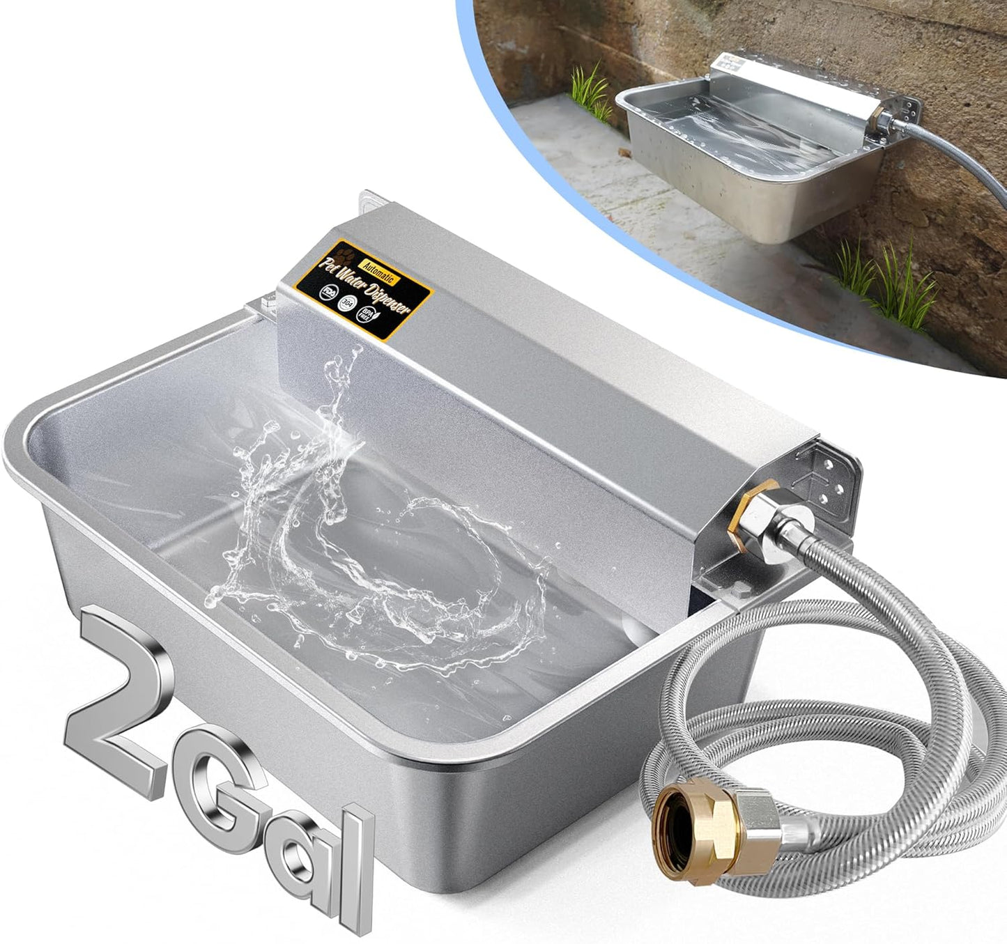 Automatic Dog Water Dispenser, 2 Gallons 304 Stainless Steel Dog Water Bowl for Indoor/Outdoor, Large Water Bowl for Pets & Livestock, Anti Tip, Wide Mouth, Water Auto Fill, Fit GHT 3/4" Faucet