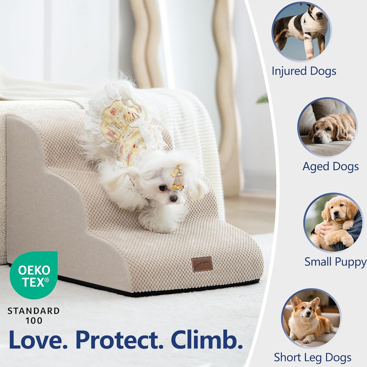 GoGoBunny Waterproof High Density Foam Curved Dog Stairs for High Beds Couches 19.7" H, 4-Step Ramp Dog Steps Friendly to Small Medium Dogs or Pets Joints, Non-Slip Balanced Durable Pet Step, Beige