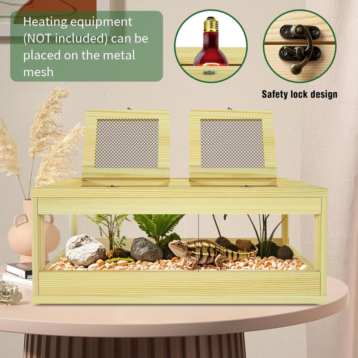 32 Gallon Reptile Tank, Solid Wood Bearded Dragon Tank, Front Opening Snake Enclosure, Lockable Sliding Doors, Small Reptile Terrarium for Lizard, Leopard Gecko, 36" x 18" x 12"