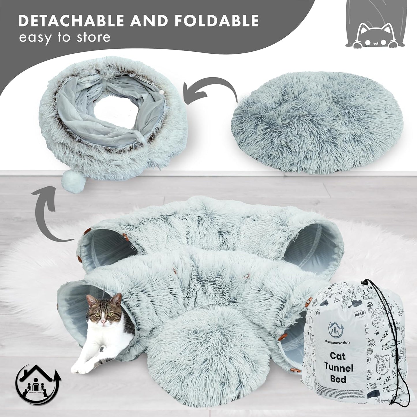 Large Cat Tunnel Bed for Indoor Cats Warm Fluffy Plush Cat Cave Tunnel Bed Collapsible, Washable, 3 Way and Multifunctional with Dangling Balls for Cats, Kittens and Rabbits- Gray