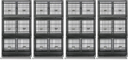 Homey Pet 4 Pack Three Tiers 43 inch Dog Crate with Wheels, Stackable Heavy Duty Indestructible Steel Dog Cage Kennel Indoor with Detachable Divider, Tray, Bowls, Escape Proof Locks