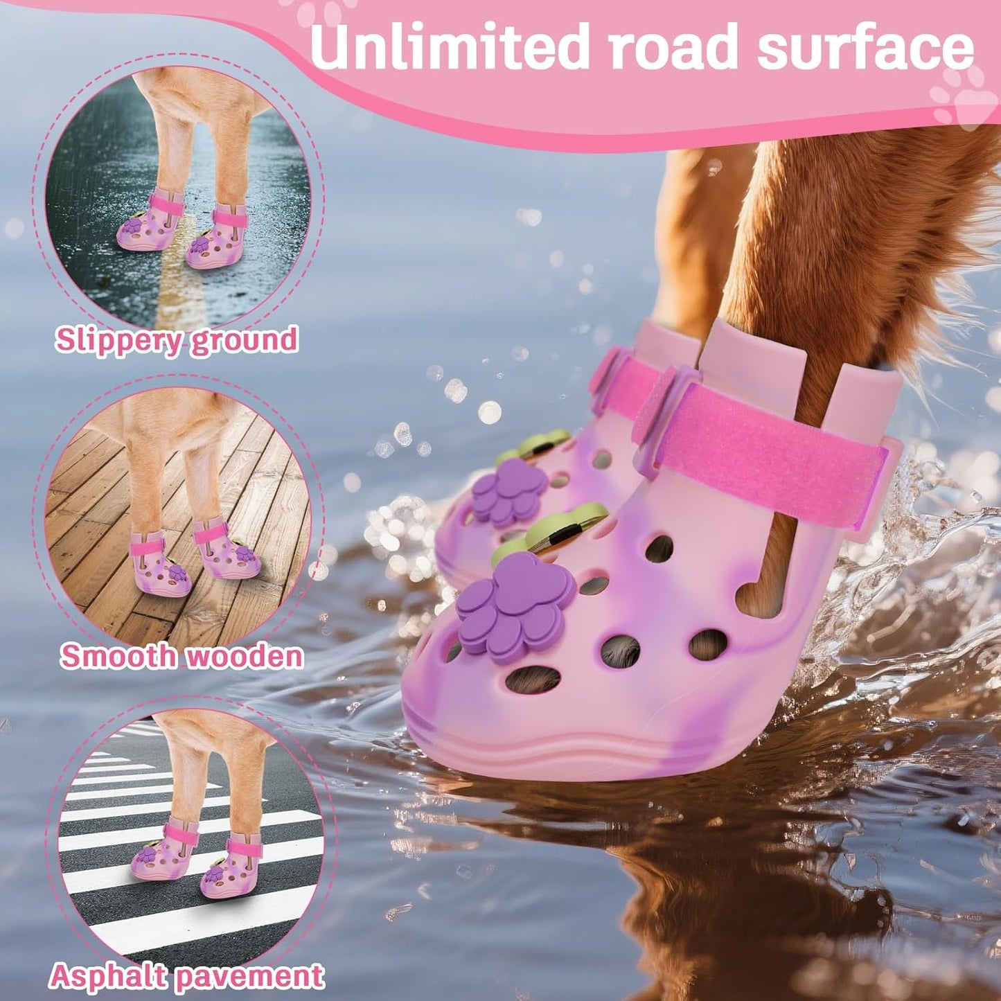 Dog Shoes for Hot Pavement, Adjustable Magic Tape Boots for Small, Medium & Large Dogs, Anti-Slip, Easy to Clean Paw Protectors for Beach, Outdoor & Hot Weather (Pink S)