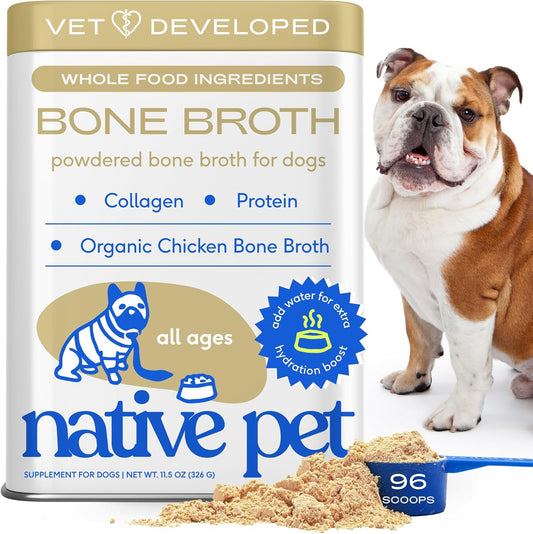Native Pet Bone Broth for Dogs and Cats - Chicken Bone Broth Powder Dog Food Toppers for Picky Eaters - Provides Extra Nutrition for Joint Strength, Immune Support & Heart Health - 96 Scoops