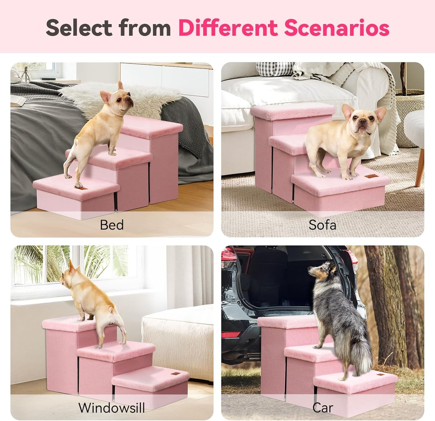 Dog Stairs with Furry Lids 18" H, 3-Step Wider Dog Steps with Storage for Small/Medium/Large Dogs Cats, Folding Sturdy Pet Stairs Climbing Bed or Sofa, Ramp for Car Hold Up to 200 lbs, Pink
