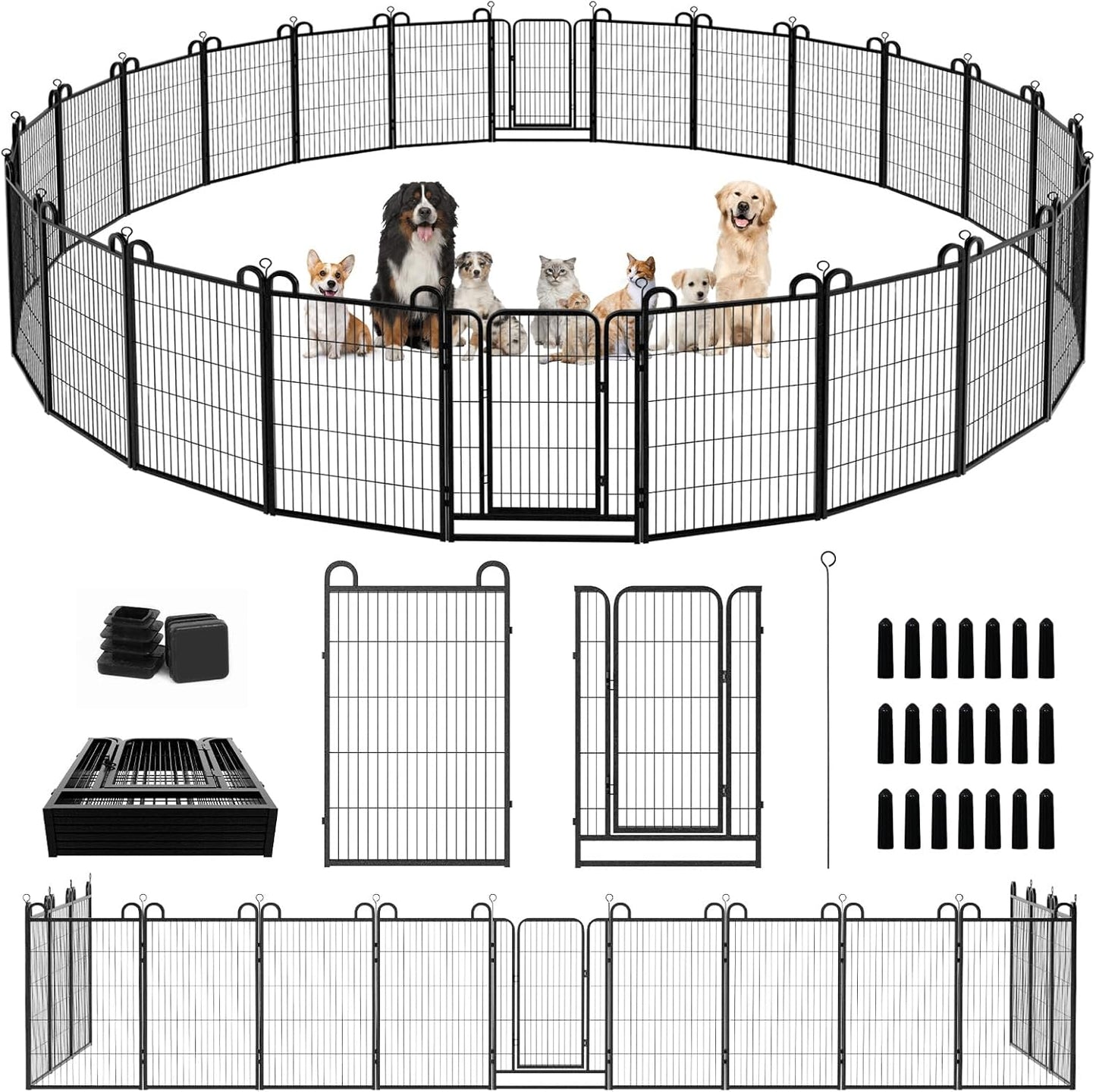 Dog Playpen Outdoor 24 Panels Heavy Duty Dog Fence 40" Height Anti-Rust with Doors Portable for RV Camping Yard, Total 54FT, 227 Sq.ft, Snowy Black