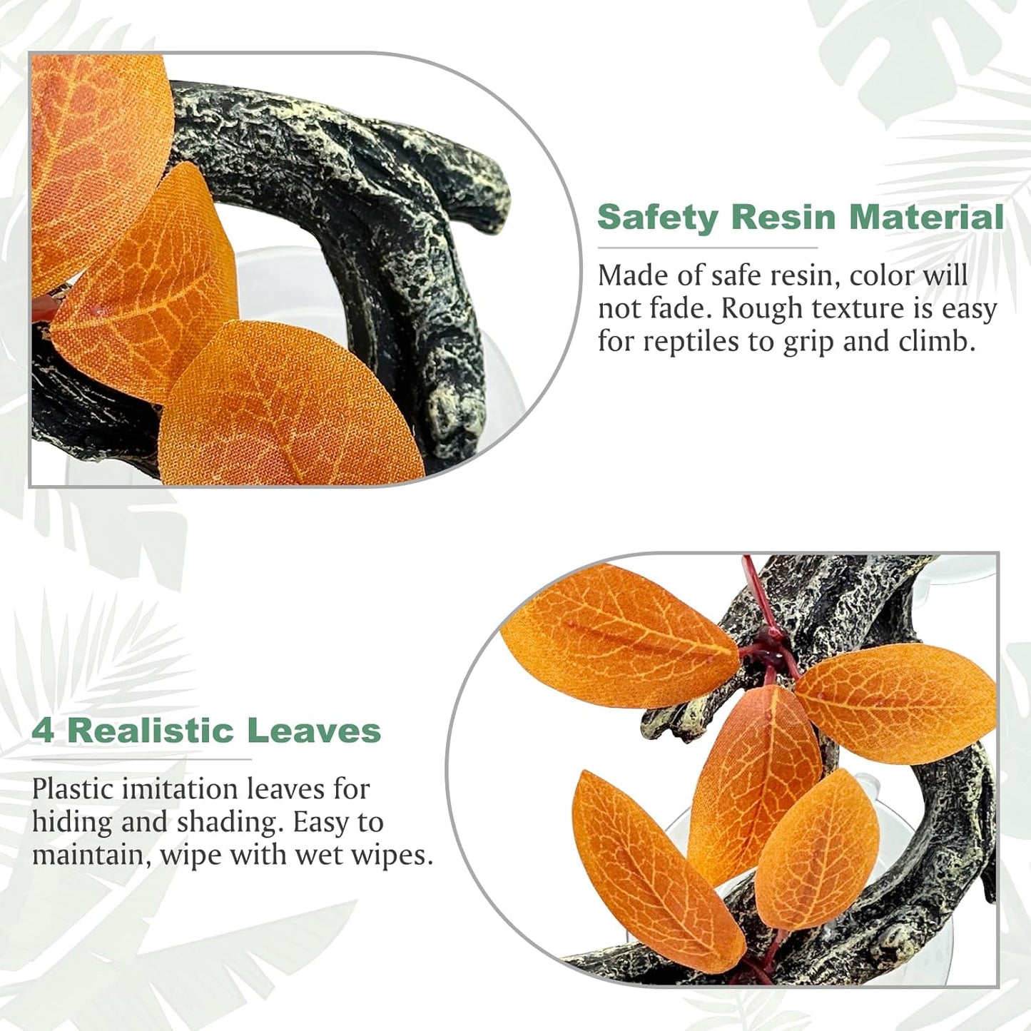 Fhiny Snake Climbing Branch, 2 PCS Resin Reptile Branches for Climbing with Suction Cups Reptile Tank Decor Accessories Frog Terrarium Plants for Corn Snake Frog Bearded Dragon Lizard Gecko