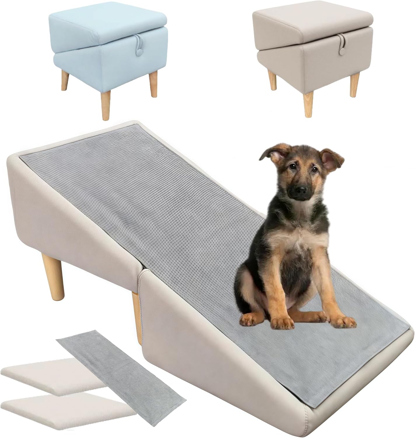 Split Ottoman Dog Ramp, Folding Pet Ramps Stairs for Couch, Pet Ramps Stairs for Small and Large Dogs, Holds up to 220 lbs (Beige - 2 Pads & 2 Covers, One Size)