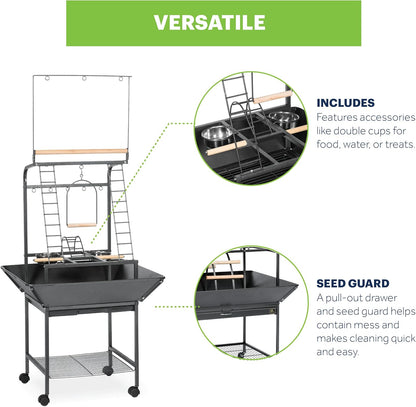 Prevue Pet Products Small Parrot Playstand with Wheels, Bird Stand Activity Play Center with Perches and Ladders, Indoor Outdoor Playground for Birds with Swing, Black Hammertone Finish