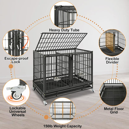 Homey Pet 43 Inch Stackable Heavy Duty Dog Crate Cage Kennel with Lockable Wheels, Removable Tray & Grid, Divider, Feeding Bowls, Escape Proof Drop Cage Bank for Small Medium Large Sized Dogs(3 Tiers)
