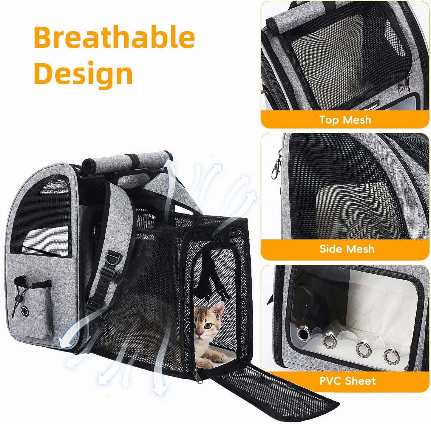 Hoopet Expandable Cat Backpack Carrier – Breathable Pet Carrier for Small Cats & Dogs, Foldable Travel Backpack with Mesh Ventilation for Hiking, Walking, Camping, Light Grey