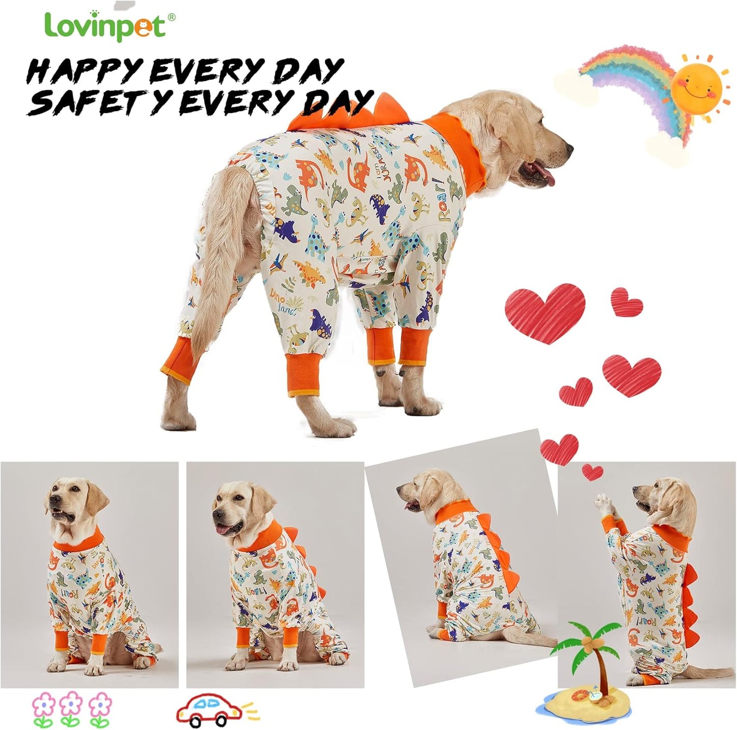 LovinPet Dog Pajamas Large Sized Dog, Recovery Wear, Lightweight Jurassic Knit, UV for Large Dogs/XL