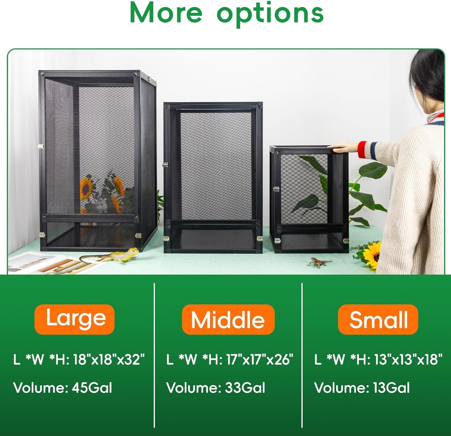 13 Gal Detachable and Foldable Reptile Butterfly Cage Terrarium, 360° Observation, Airflow, Interaction in Gecko Tank for Crested Geckos, Leopard Geckos, Chameleons, Bearded Dragons