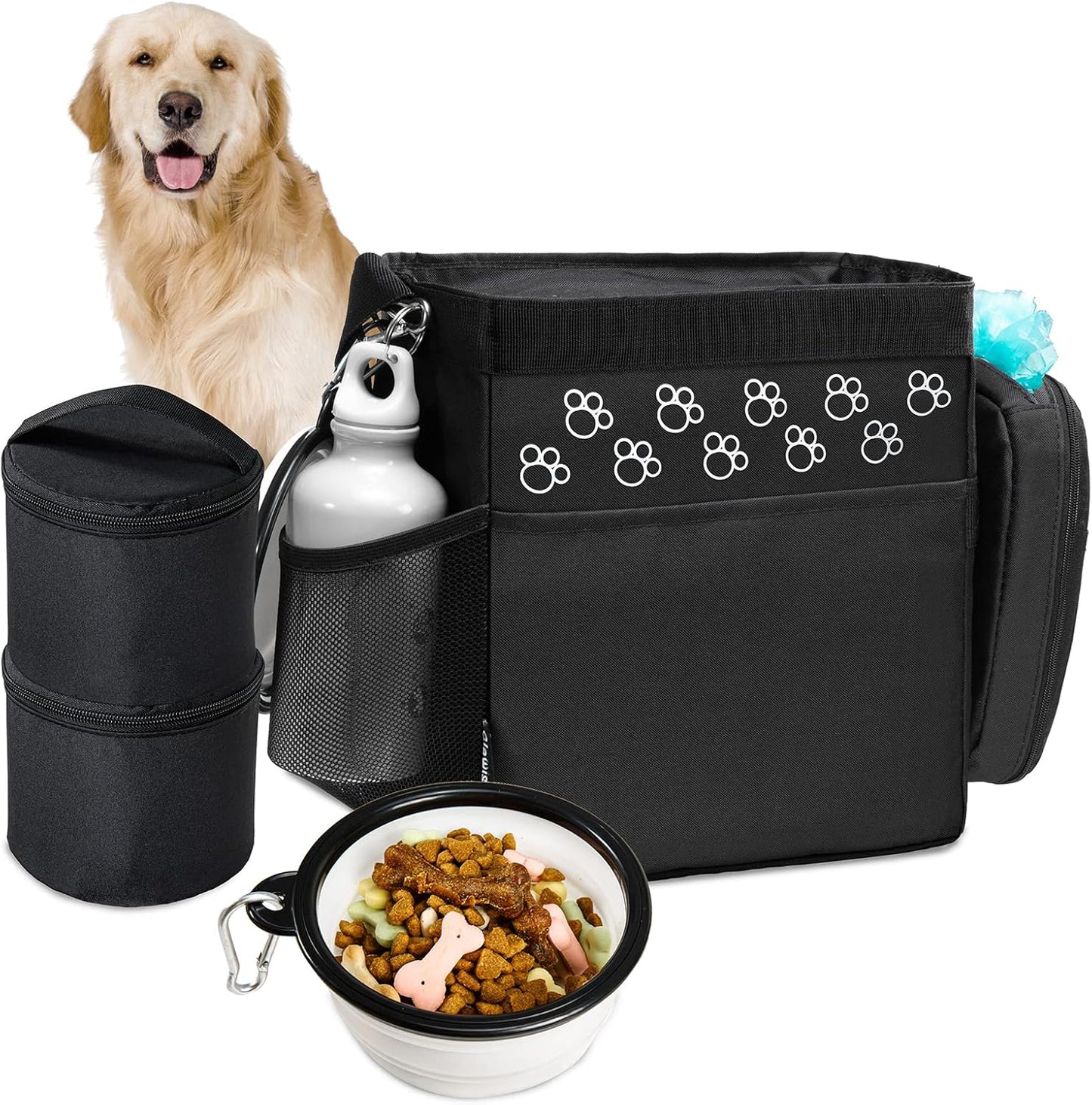 Dog Travel Bag - Airline Approved, 2 Food Containers, 2 Bowls, Treat Pouch & Accessories