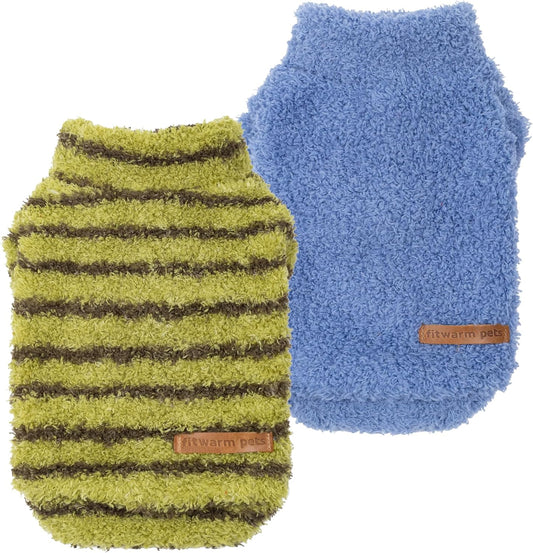 Fitwarm 2 Pack Striped Fleece Dog Sweater, Warm Winter Clothes for Small Dogs Boy Girl, Fuzzy Pet Outfit, Sky Blue, Olive Green, XL