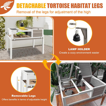 Tortoise Habitat Large Wooden Tortoise Enclosure Habitat with No-Leaking Tray Indoor & Outdoor, Reptile Cage for Small Animals TOR03-Grey