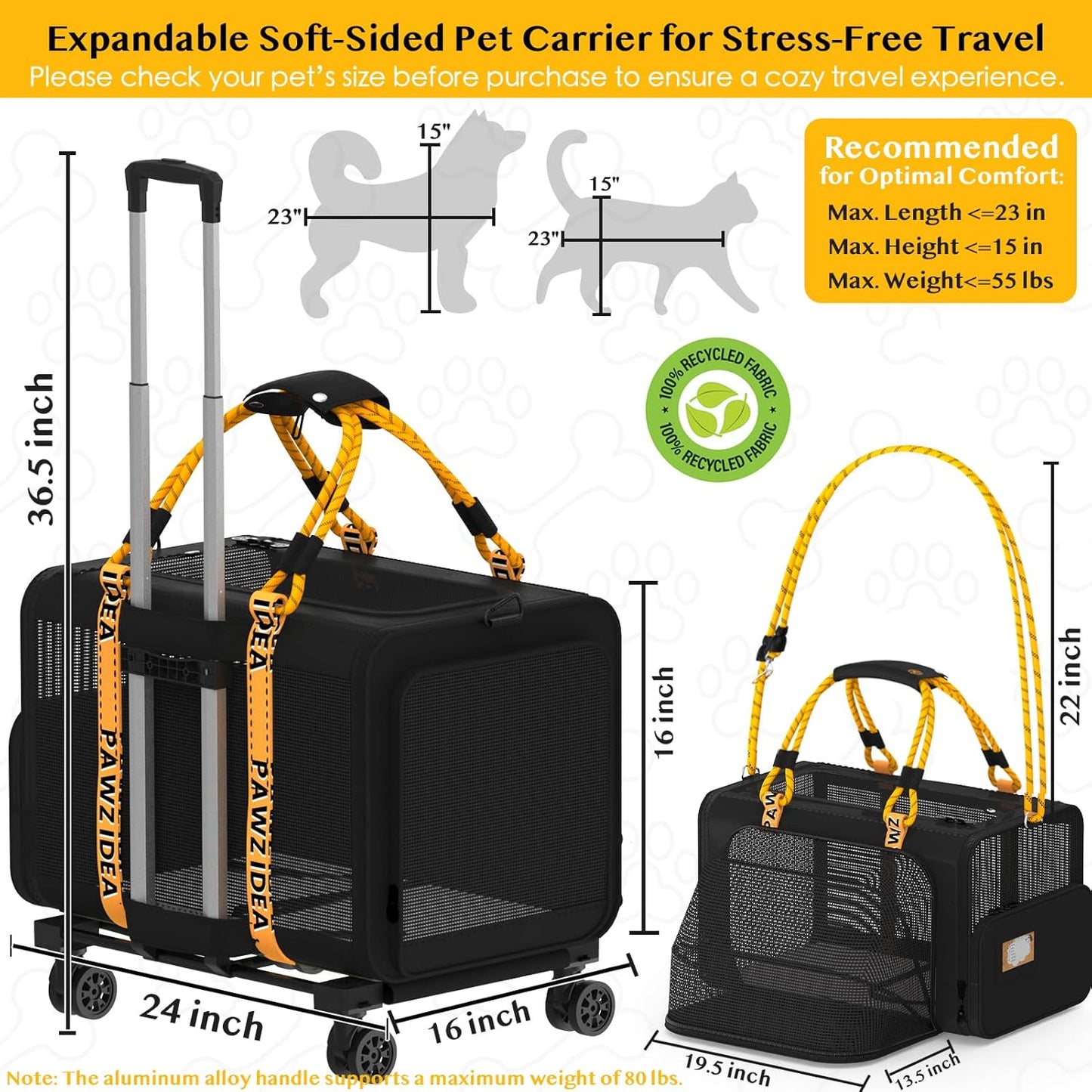 PAWZIDEA Expandable Pet Carrier with Wheels, 24"x16"x16" Large Cat Carrier for 2 Cats, Soft-Sided Dog Travel Crate for Small Medium Dog, Collapsible Rolling Travel Bag w/Telescopic Handle, Chew-Proof