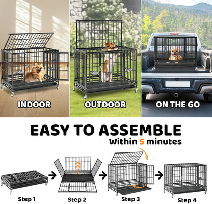 Homey Pet Two Levels 37 Inch Dog Crate, Escape Proof Dog Cage Kennel Indoor with Top Access and Lockable Wheels, Removable Tray, Heavy Duty Dog Crates for Medium/Small Dogs