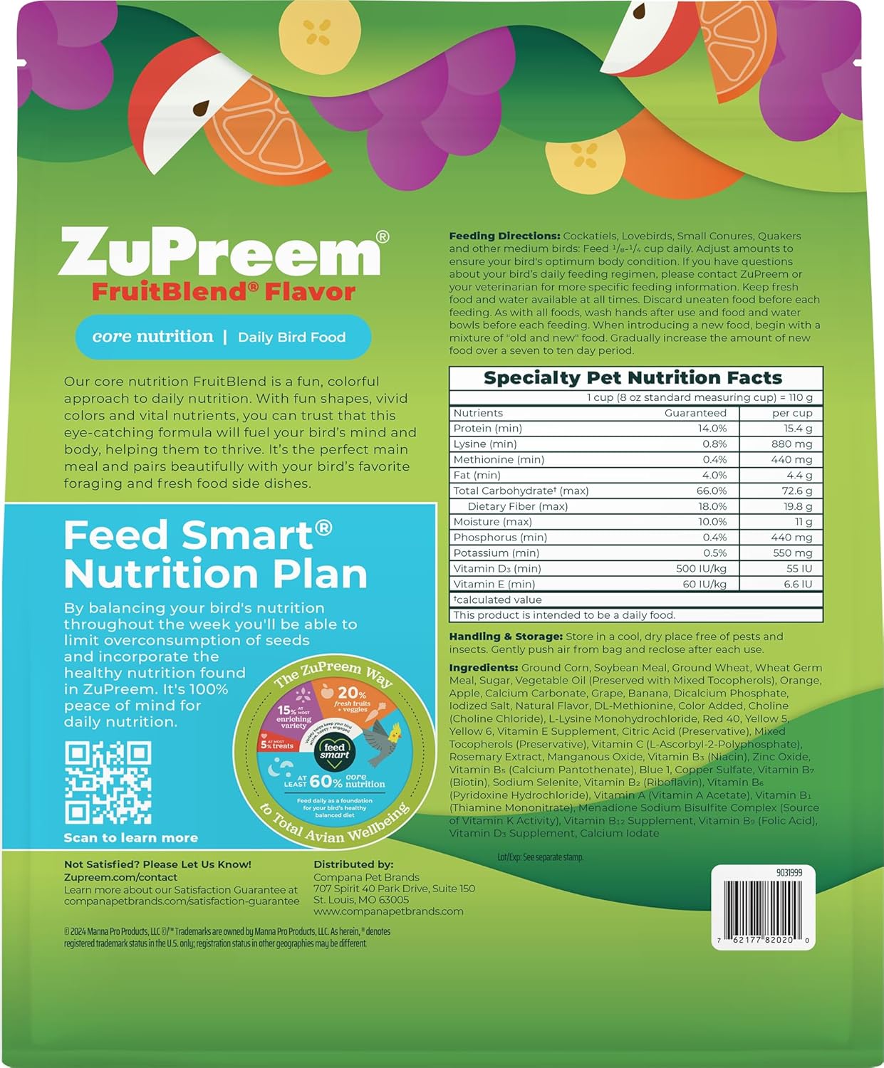 ZuPreem FruitBlend Bird Pellets, Daily Bird Food for Cockatiel, Lovebird, Quaker, Small Conure, Lorikeet, Core Nutrition for Medium Birds, Cockatiel Pellets, Conure Food (M, 2 lbs)