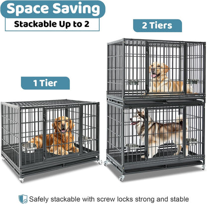 48 Inch Heavy Duty Large Dog Crate, Stackable Indestructible Big Cage for High Anxiety Dogs, Foldable Escape Proof XL Dog Kennel Indoor with Adjustable Bowls, Wheels and Double Trays(2 Pack)