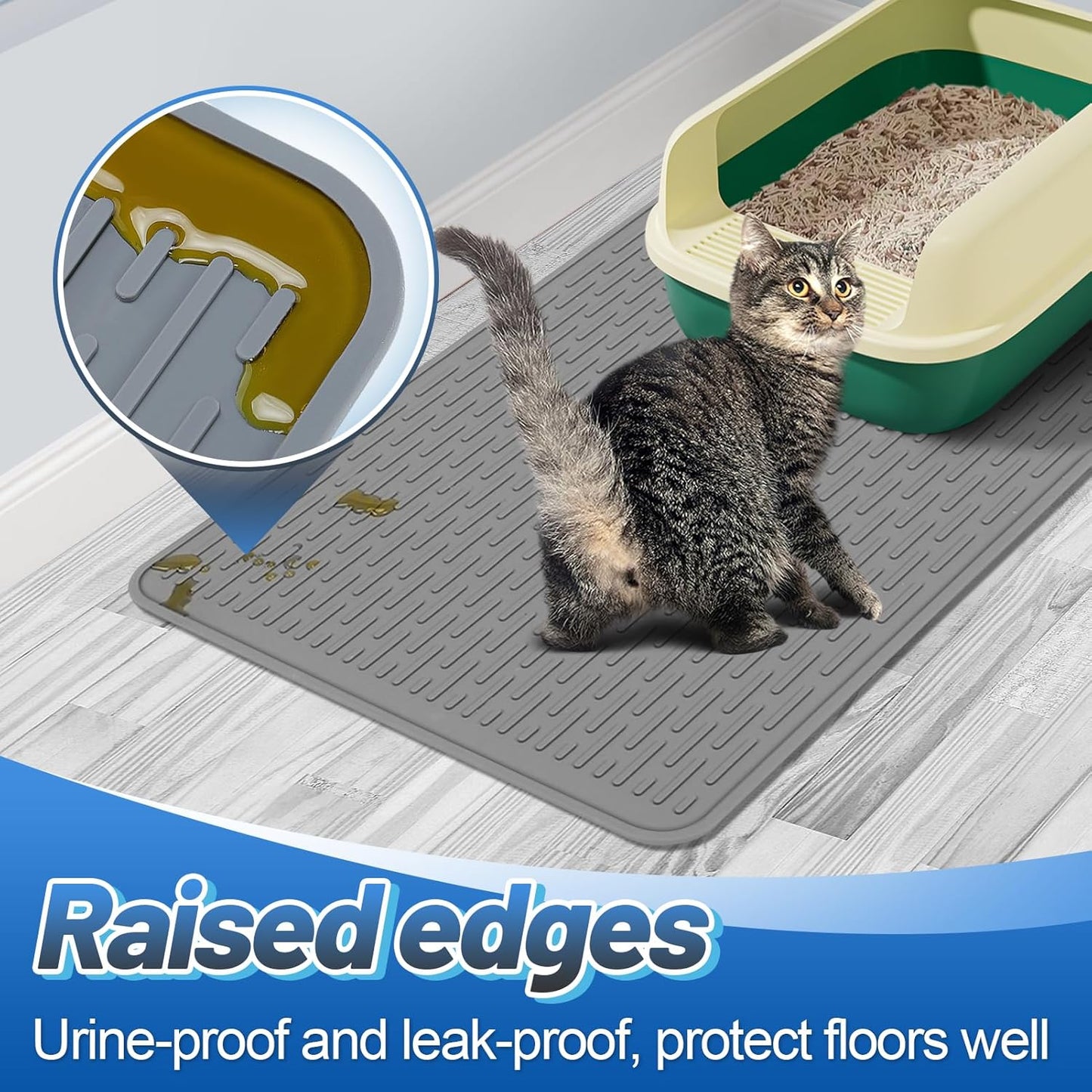 Easy Clean Silicone Cat Mat for Litter Box - 33.7" x 22" Waterproof Non-Slip Kitty Litter Trapping Mat for Protecting Floor, Less-Mess Food Water Mat for Indoor, Gray