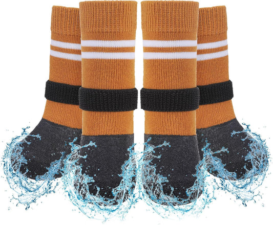 SCENEREAL Anti Slip Dog Boots & Paw Protectors for Hardwood Floor, Extended Dog Socks to Prevent Licking Paws, Waterproof Pet Snow Rain Shoe for Winter Small Puppy Senior Dogs, Khaki S