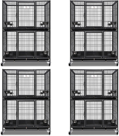 Homey Pet Two Tiers 37 Inch Dog Crate Cage Kennel with Feeding Door and Bowls, Lockable Wheels and Removable Tray, Escape Proof Metal Wire Heavy Duty Dog Crates for Medium/Small Sized Dogs (4 Pack)