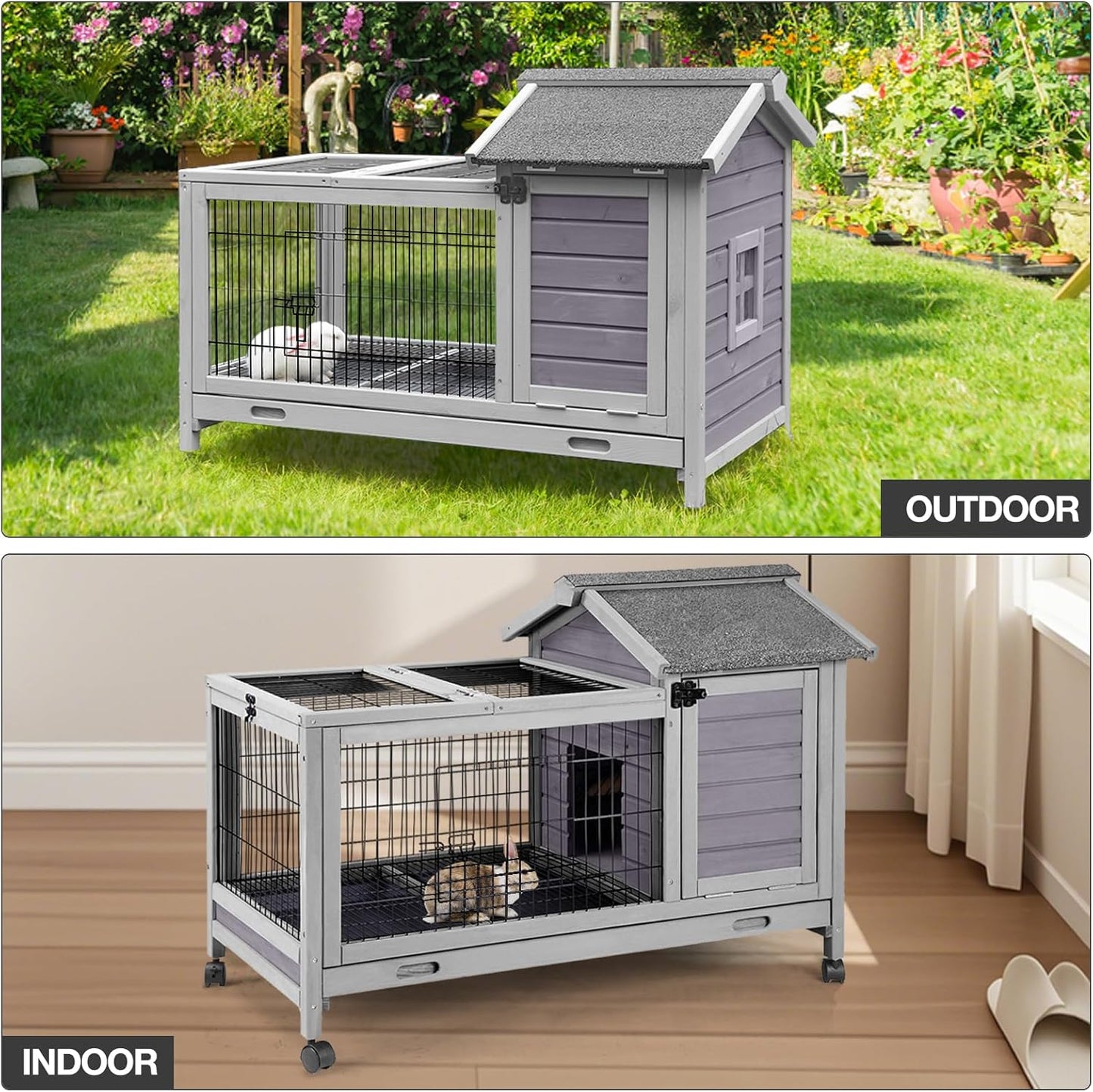 Wooden Rabbit Hutch Indoor and Outdoor, Rabbit Cage with Removable Wire Netting and Leak Proof Tray, Mobile Bunny Cage with Wheels