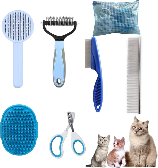 Cat Grooming Brush Kit 6 Tools - Deshedding & Dematting for Long/Short Hair, Self-Cleaning Slicker Brush with 6-in-1 Flea Comb for Cats & Kittens (Blue)