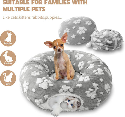 Cat Tunnel for Indoor Cats, Cute Peekaboo Cave with Dangling Balls, Pet Donut Tunnel Bed with Circle Mat for Puppy Kitten Rabbit, Grey