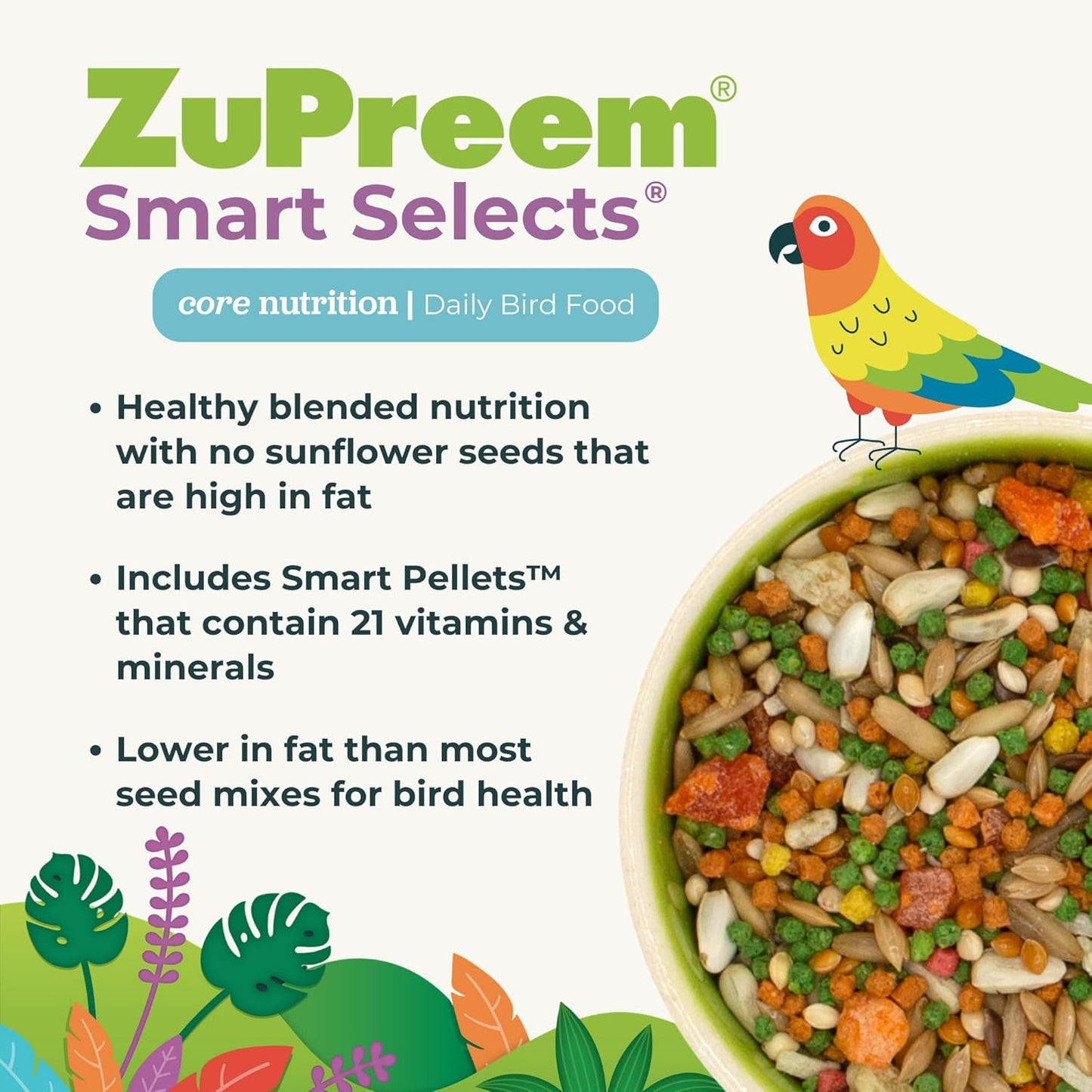 ZuPreem Smart Selects Pellets & Seed Blend, Daily Food for Cockatiel, Lovebird, Quaker, Conure, Lorikeet, Core Nutrition Food for Medium Birds, Essential Vitamins, Conure Feed (M, 2.5 lbs)