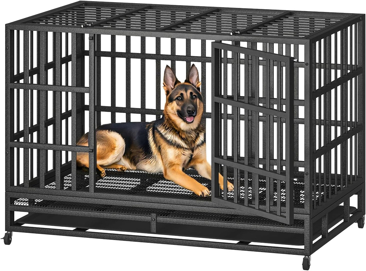 48 Inch Heavy Duty Indestructible Dog Crate Steel Escape Proof, Indoor Double Door High Anxiety Cage, Kennel with Wheels, Removable Tray, Extra Large XL XXL