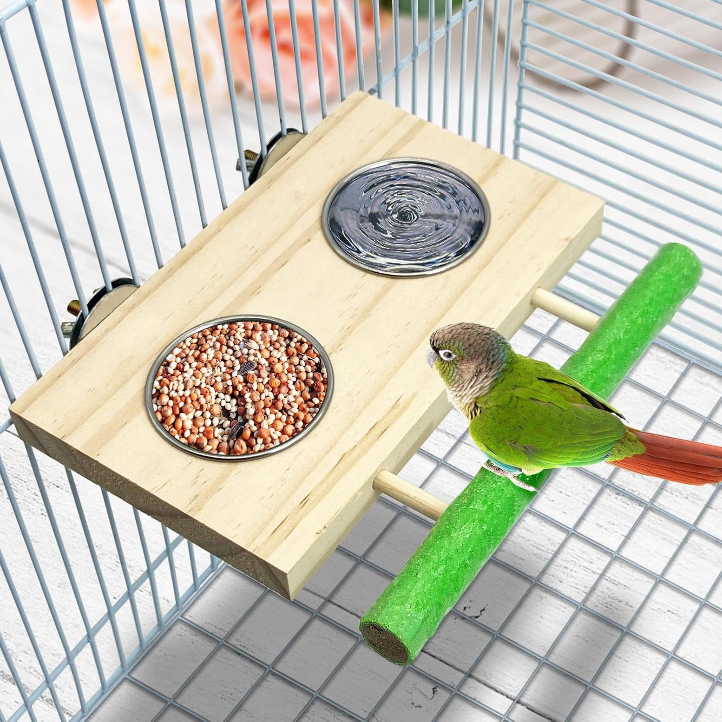Tfwadmx Bird Feeding Dish Cups with Wooden Platform Hanging Stainless Steel Parrot Cage Feeder Bowl Wood Perch Stand for Parakeet Cockatiels Lovebirds Budgie (Medium)