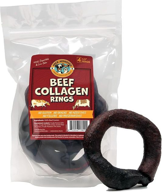 Beef Collagen Chews - Rawhide Free, Long Lasting - 100% Beef Corium, Single Ingredient Dog Treat - Puppy Teething Rings, Natural - 3.5" Rings, Pack of 4