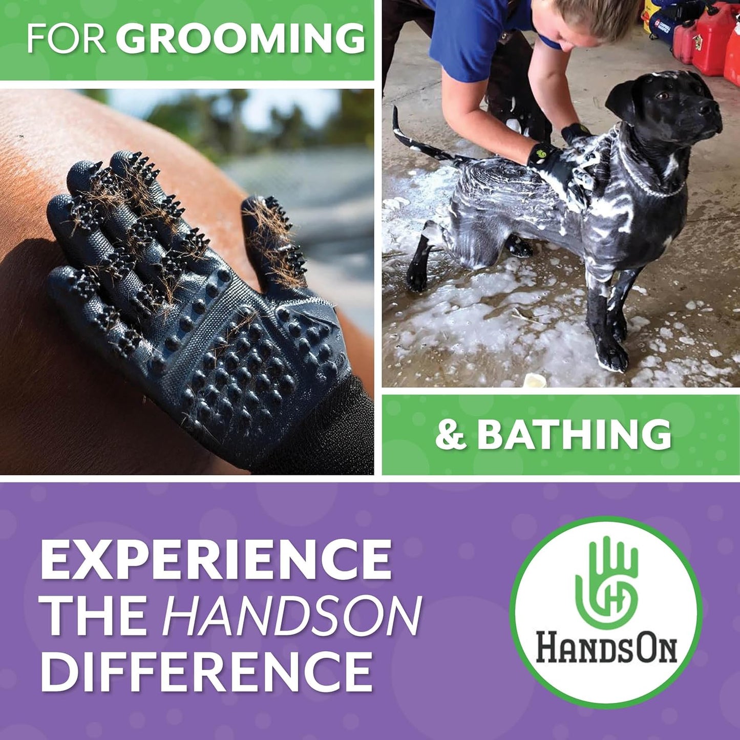 H HANDSON Pet Grooming Gloves - Patented #1 Ranked, Award Winning Shedding, Bathing, & Hair Remover Gloves - Gentle Brush for Cats, Dogs, and Horses (Purple, Medium)