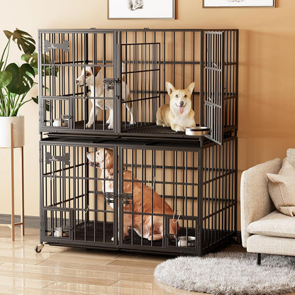 aboxoo 48 inch Stackable Heavy Duty Metal Dog Crate for 4 Dogs/Large Dog,All Metal Open Top Access,Escape Proof Cage,Dog Kennel Indoor with Wheels,Floor Grid, Tray, Divider and Feeding Bowl