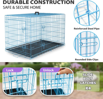 BestPet | Dog Crate | 30" | Blue | Foldable Metal Kennel with Double Doors, Secure Slide-Bolt Latches, Leakproof Tray | Portable Dog Cage for Small Breeds | for Travel, Indoor & Outdoor Use