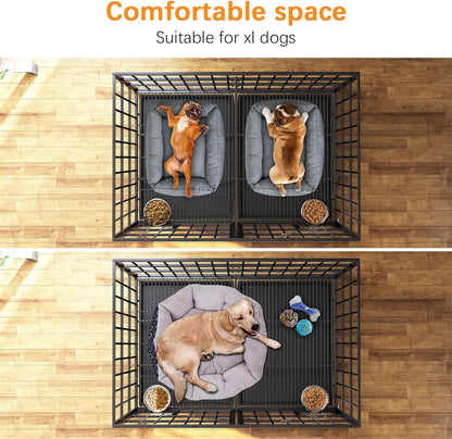aboxoo 48/42 inch XL Dog Crate for Large Dog/Double Medium Dogs,Heavy Duty Metal Dog Cages,All Metal Open Top,Dog Kennel Indoor with Wheels,Floor Grid, Tray, Divider and Feeding Bowl