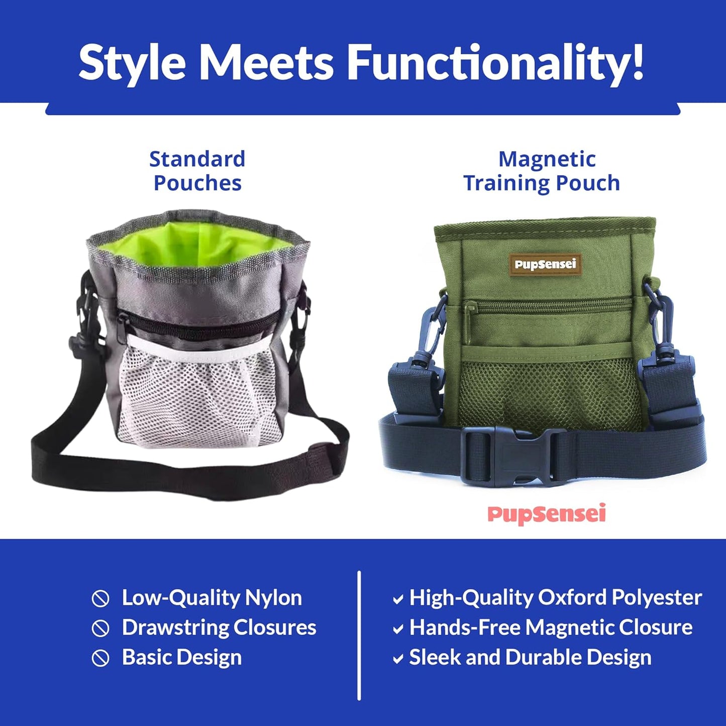 Dog Treat Pouch, Durable Oxford Polyester, No-Spill Magnetic Closure, Treat Pouches for Pet Training with Metal Clip, Waist Belt, Adjustable Strap, Poop Bag Dispenser (Army Green)