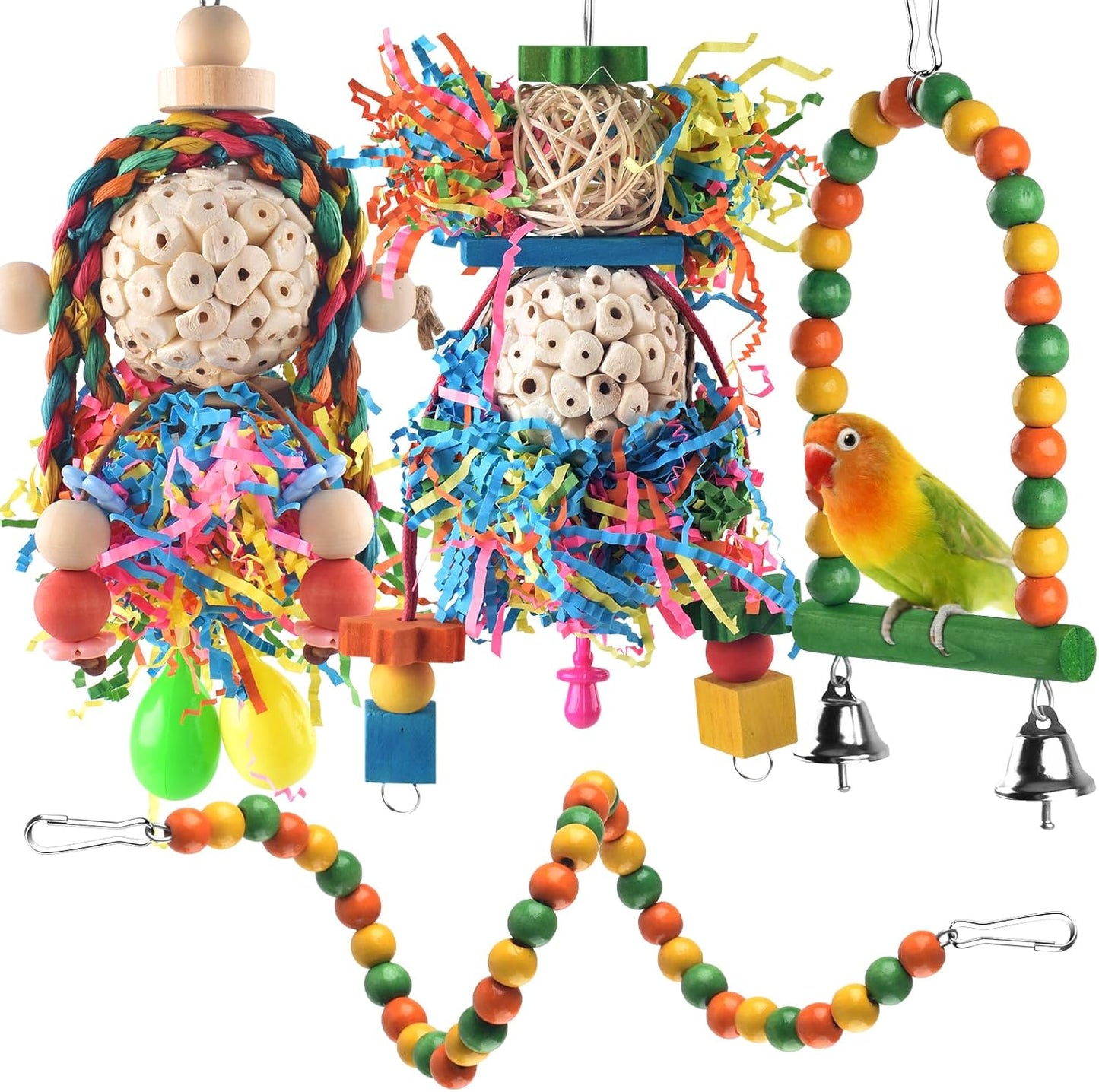 Bissap Conure Toys, 4 PCS Parrot Foraging Shredder Hanging Toys Sola Balls with Sand Hammer Perch Swing Climbing for Small Parrots Parakeets Conures Cockatiels Love Birds Cage Toy