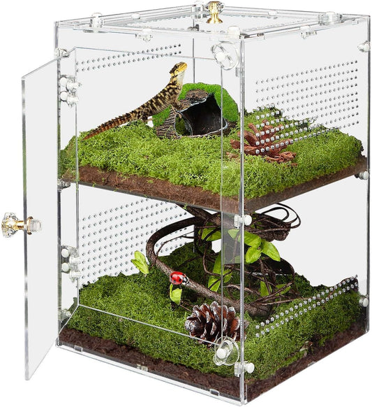 Large Jumping Spider Enclosure, 2 in 1 Acrylic Reptile Terrarium for Praying Mantis,Arboreal Tarantula,Frogs,Snails, 12"*8"*8" Breeding Habitat with Front & Top Opening Doors and Vent Holes