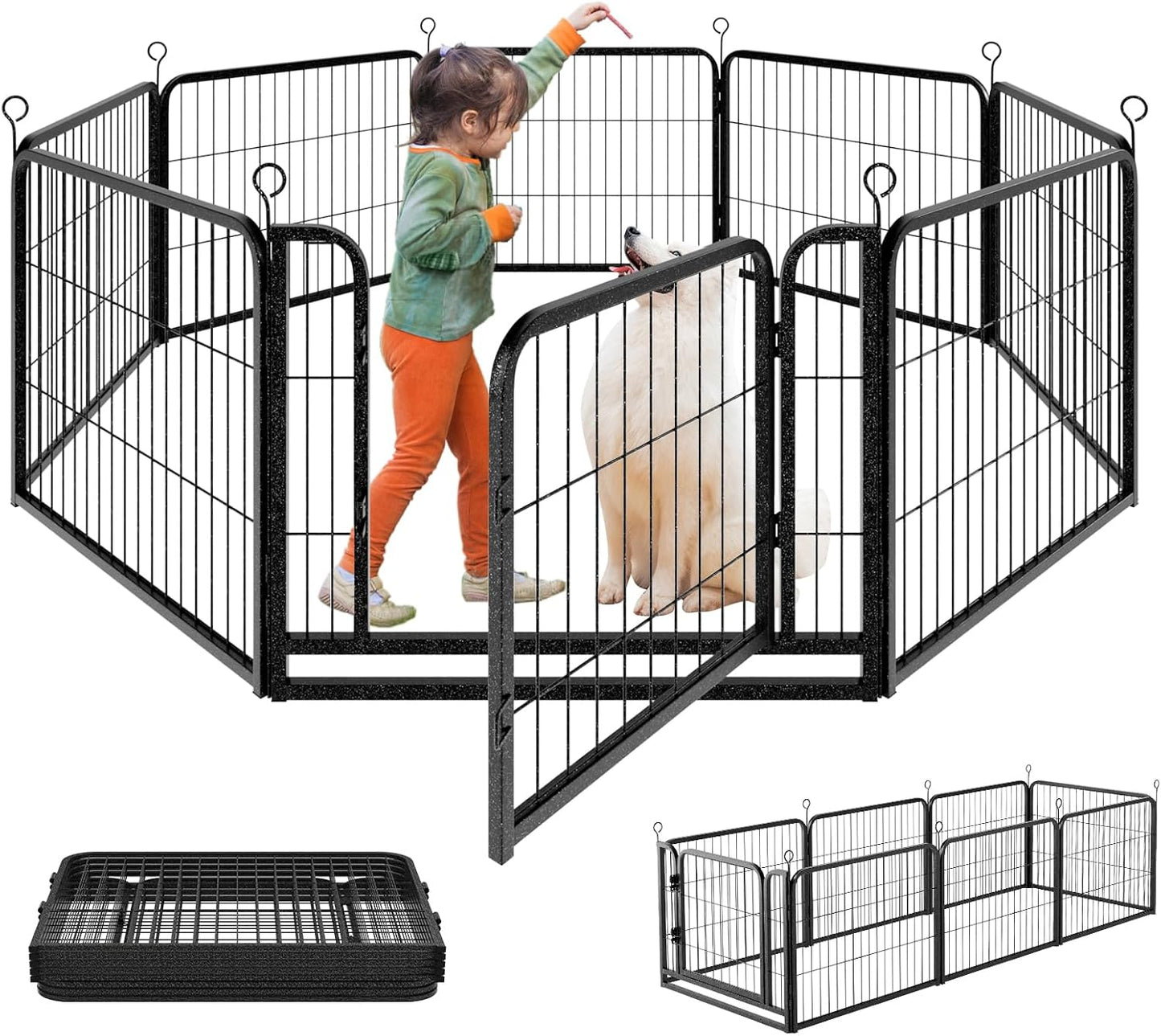 Puppy Playpen 8 Panels Small Dog Fence Outdoor Indoor Use 24" Height Anti-Rust with Doors Portable Dog Play Pen for RV Camping Yard, Total 17FT, 25 Sq.ft, Snowy Black