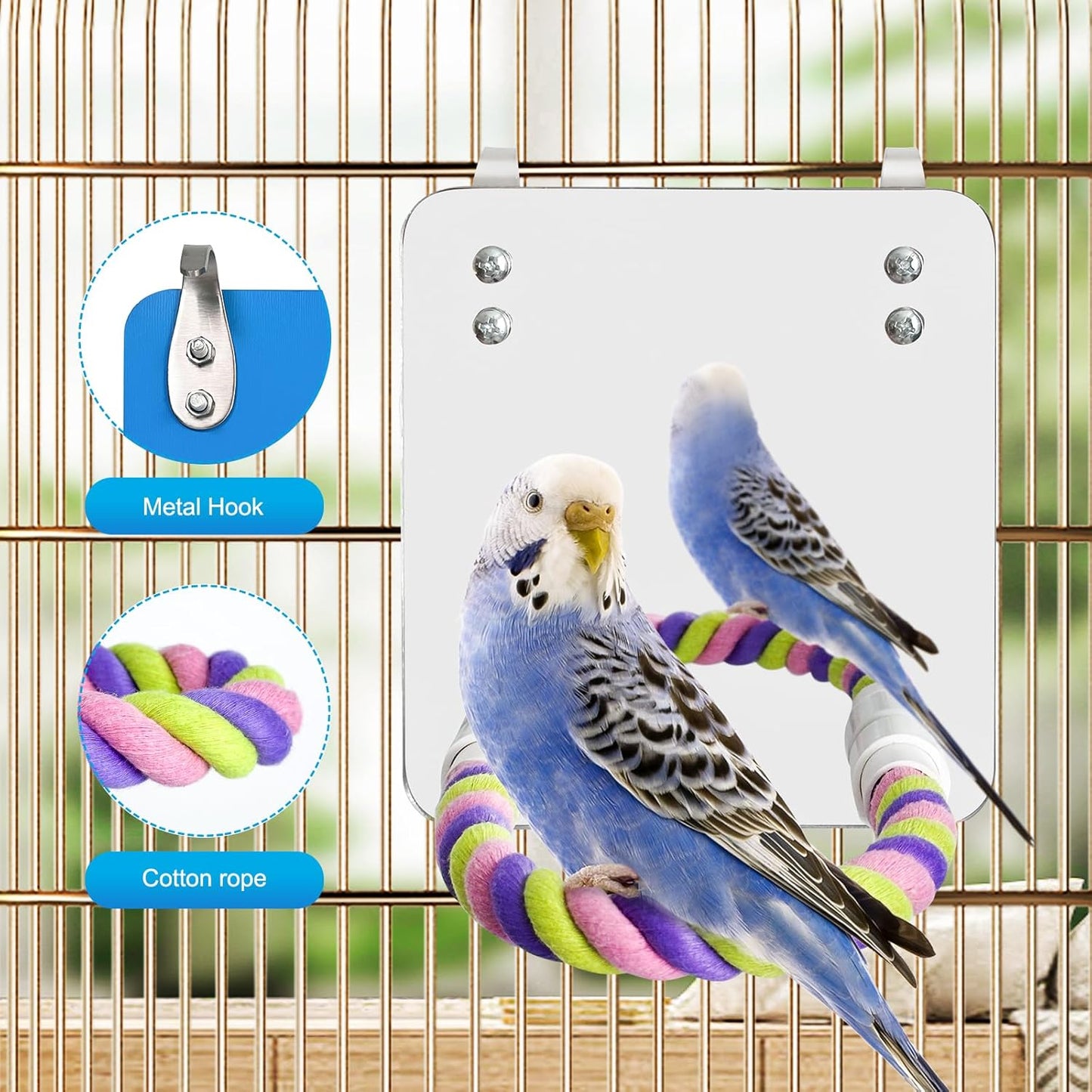 5.9" Bird Mirror with Rope Perch Bird Toys Swing, Comfy Perch for Greys Amazons Parakeet Cockatiel Conure Lovebirds Finch Canaries
