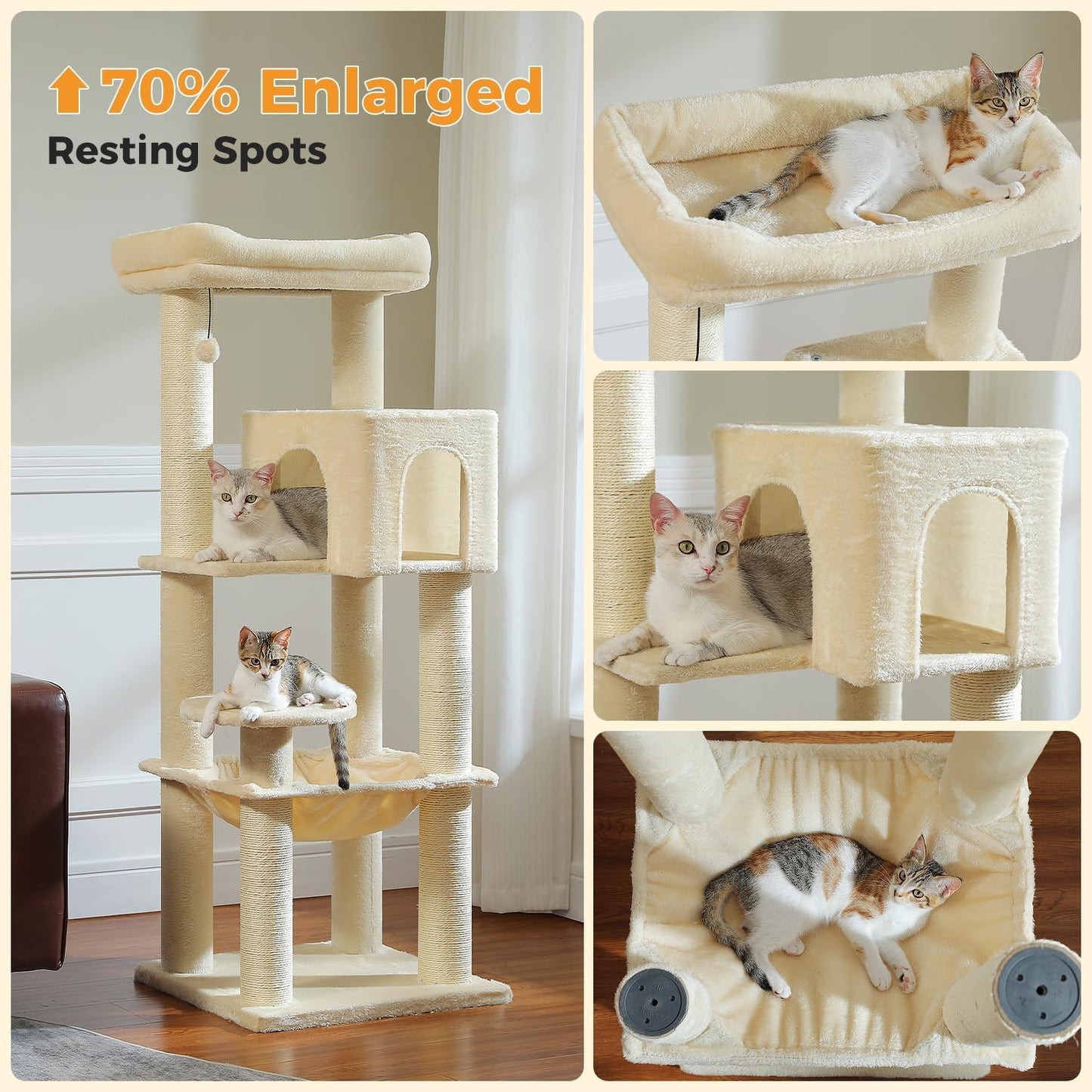 Large Cat Tree with Reinforced Scratching Posts (φ3.1in) for Big Adult Cats 30 lbs, 57.8" Heavy Duty Cat Tower with Larger Hammock and Condo, Cat Furniture for Maine Coon, Plush,Beige