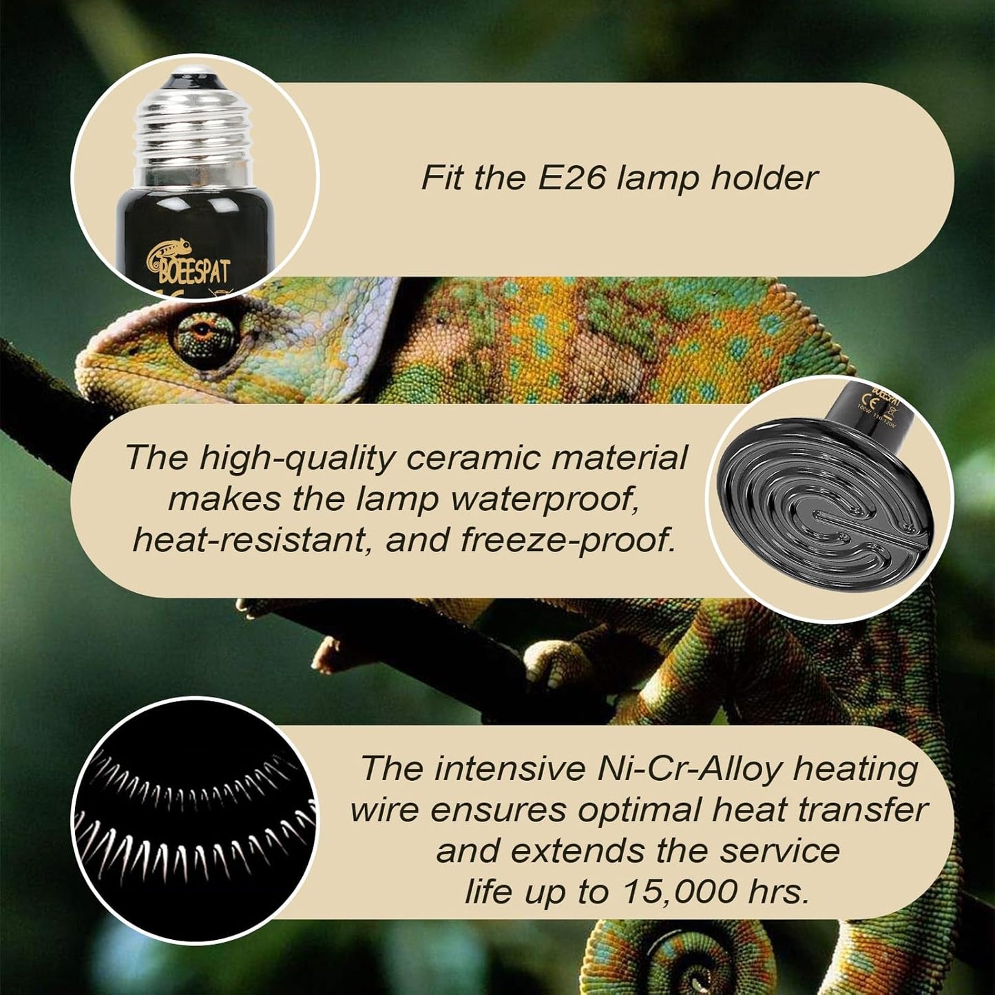 High Efficiency 150W Ceramic Heat Bulbs, Pack of 3 Black Ceramic Heat Emitters for Reptiles Bearded Dragon, Lizards, Geckos & Small Pets Basking